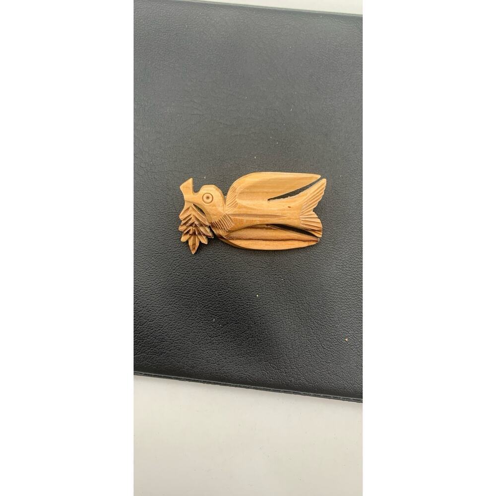 Vintage Wood DOVE & OLIVE BRANCH Hand Carved Bird Brooch Wooden Handcrafted